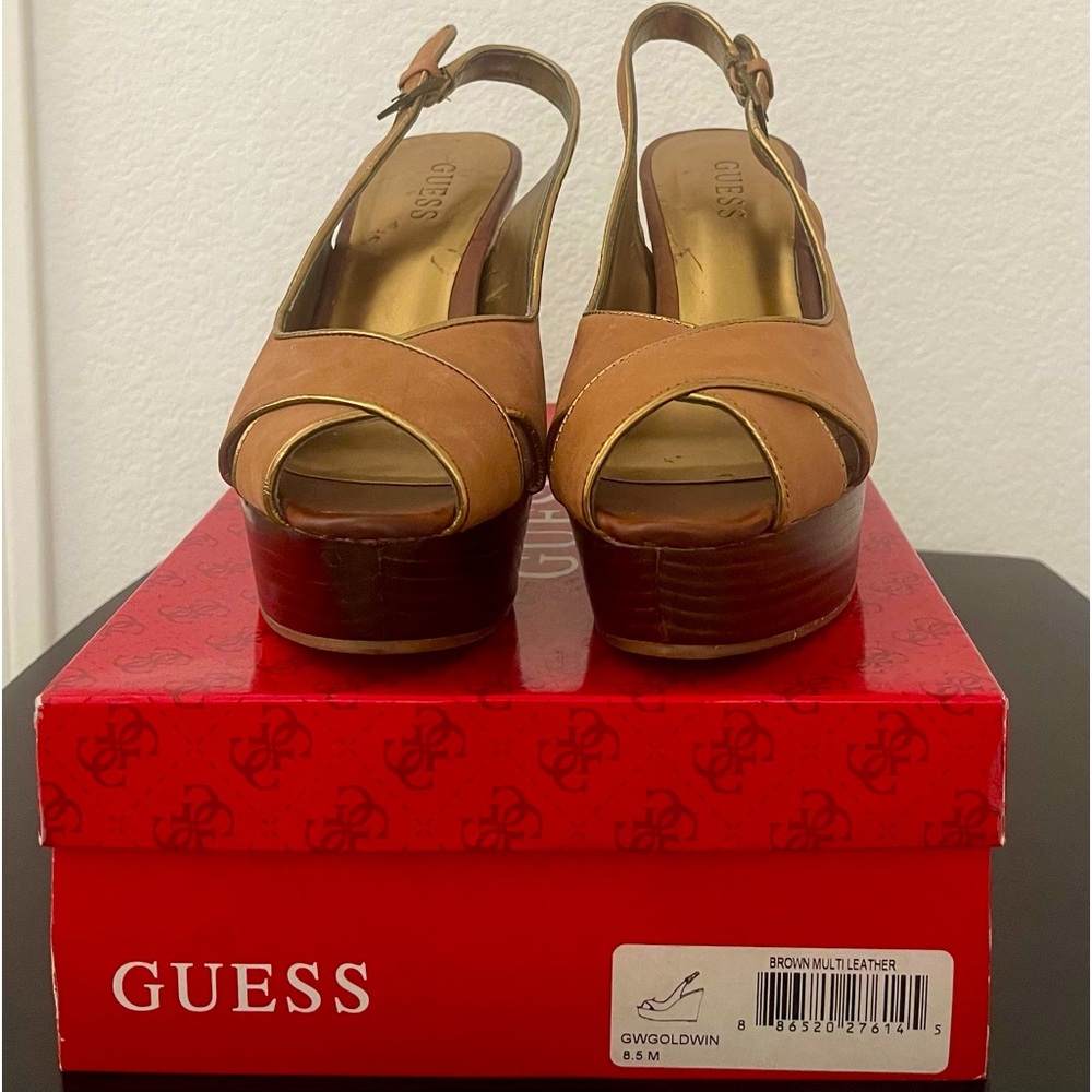 GUESS Women's Brown Leather Platform Goldwin Slingback Wedge Sandal   SZ: 8.5M.